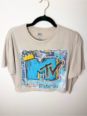 MTV Beige Crop Tee with Blue and Yellow Graphic